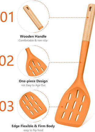 Pack of 2 Silicone Spatula, Non Stick Cooking Utensil Set, Wooden Handle Kitchen Turner for Baking Mixing Grilling Serving Food Heat Resistant (ORANGE)