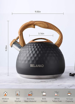 BELANKO 2.7 Quart Tea Kettle for Stovetop - Food Grade Stainless Steel with Diamond Texture, Designer Teapot Look, Cool-Touch Wood Pattern Handle, Whistling Spout - Matte Black
