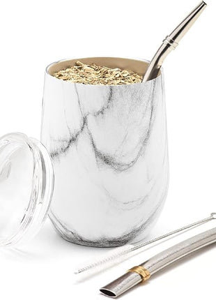 BALIBETOV 5 pcs large Yerba Mate Cup and Bombilla Kit, Includes one 12 oz Yerba Mate Gourd with Lid, Two Bombillas Mate Straw and one cleaning brush | Stainless steel | Double Walled