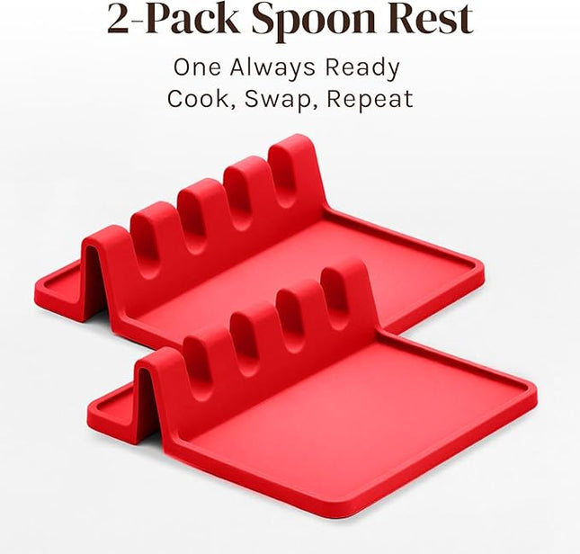 Red Silicone Spoon Rest for Stove Top with Drip Pad (Two Pack) - Heat-Resistant, BPA-Free Utensil Rest & Spoon Holder for Kitchen Counter - Grill Utensil Holder for Spatulas, Tongs, Ladles