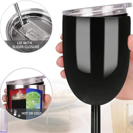 AMZUShome Stainless Steel Wine Glasses Cups.Double Walled Vacuum Insulated Wine Tumbler With Lid and Straw.Friendship,Christmas,Birthday Gifts for Women Men Friends Dad Mom(10oz Black)