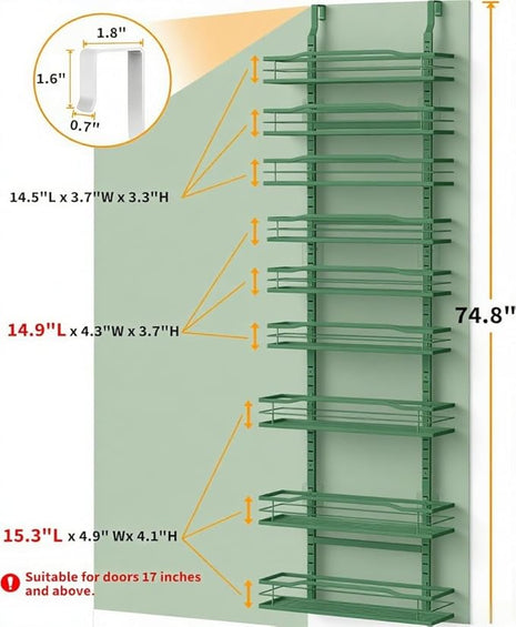 Moforoco Sage Green 9-Tier Over The Door Pantry Organizer, Pantry Organization and Storage, Black Hanging Basket Wall Spice Rack Seasoning Shelves