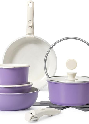 15Pcs Pots and Pans Set Non Stick, Cookware Sets with Detachable Handle, Nonstick RV Kitchen Cooking Tools Removable Handles, Oven Safe, Induction Fast, Stackable Induction Cookware, Purple