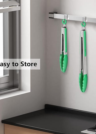 9-Inch & 12-Inch Premium Stainless Steel Food Tongs, Turquoise Silicone BPA Free Non-Stick BBQ Cooking Grilling Locking Kitchen Tong