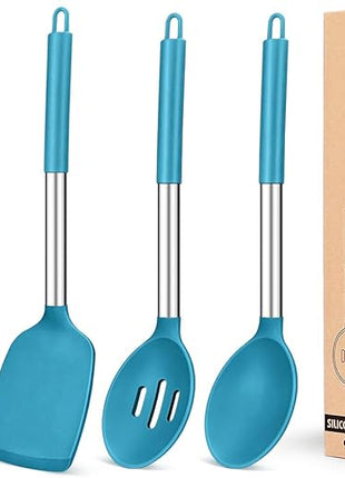 Pack of 4 Silicone Cooking Utensils Set, Non Stick Large Solid Spatulas, Heat Resistant Blue Slotted Spoons, Ideal BPA Free Kitchen Turners for Frying, Mixing,Serving,Draining,Turning,Stirring
