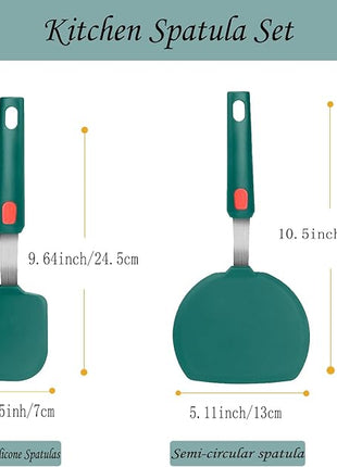 2Pcs Silicone Spatula Turner,Wide Pancake Spatulas utensils set for cooking,Heat Resistant Non-Stick Kitchen Use s for Flipping Pancakes, Omelettes, Fish,Dishwasher Safe.(Green)