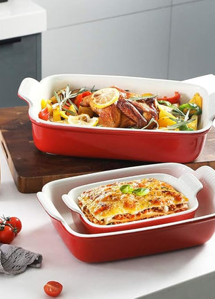 Sweejar Baking Pans Set, Ceramic 9x13 Baking Dish with Handle, Rectangular Casserole Dishes for Oven, Bakeware Sets of 3, Durable Lasagna Pan Deep for Kitchen, Banquet, Wedding Gift(Red)