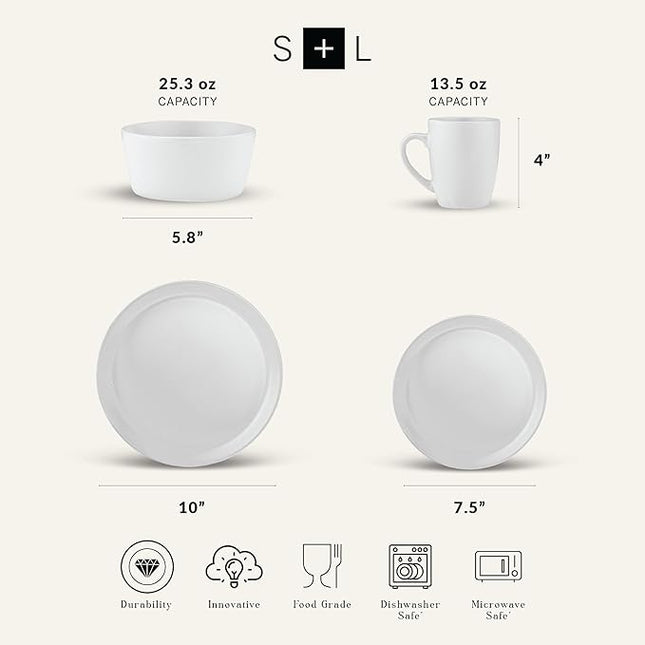 SERVICE FOR 4 - Total of 16 pieces including 8 dinner plates (10”), 4 salad plates (7.5”), 4 bowls (5.75”), and 4 mugs (12 oz), making it the perfect set to service 4 people