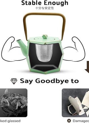 Toptier Cast Iron Teapot, Stovetop Safe Japanese Cast Iron Tea Kettle, Diamond Design Tea Pot with Removable Infuser for Loose Tea, 30 Ounce (900 ml), Light Green