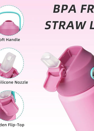 BJPKPK Insulated Water Bottle with Straw Lid, 12oz Thermo Water Bottles, Flex Handle & Non-slip Boot, BPA Free Leak Proof Stainless Steel Metal Thermo, Tumblers, Cups,Rose Pink