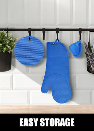 Rorecay 6pcs Oven Mitts and Pot Holders Sets for Kitchen, Extra Long Non-Slip Silicone Oven Gloves Heat Resistant 500 Degrees Potholders Hot Pads for Baking Cooking, Quilted Liner, Lake Blue