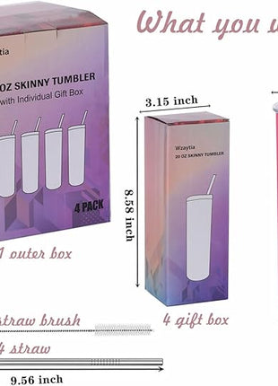 4 Pack 20 Oz Straight Skinny Tumblers,Individually Gift Boxed Stainless Steel Slim Skinny Tumbler Set Bulk, 20 Oz Insulated Slim Thin Travel Tumbler Cup for Diy,Hot Pink