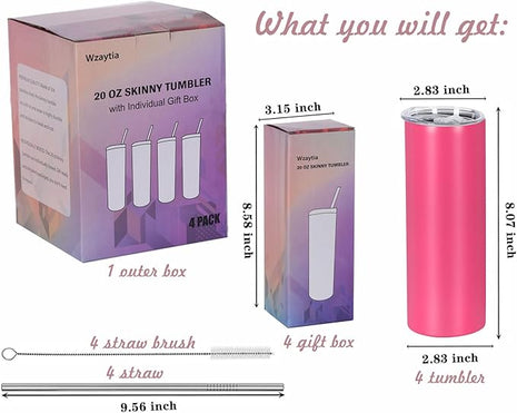 4 Pack 20 Oz Straight Skinny Tumblers,Individually Gift Boxed Stainless Steel Slim Skinny Tumbler Set Bulk, 20 Oz Insulated Slim Thin Travel Tumbler Cup for Diy,Hot Pink