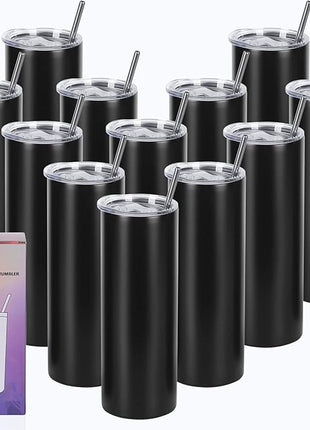 12 Pack 20 Oz Straight Skinny Tumblers,Individually Gift Boxed Stainless Steel Slim Skinny Tumbler Set Bulk, 20 Oz Insulated Slim Thin Travel Tumbler Cup for Diy, Black