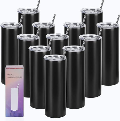 12 Pack 20 Oz Straight Skinny Tumblers,Individually Gift Boxed Stainless Steel Slim Skinny Tumbler Set Bulk, 20 Oz Insulated Slim Thin Travel Tumbler Cup for Diy, Black