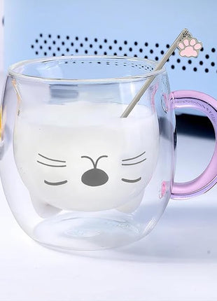 Purple Cat Mug Cute Mugs Glass Double Wall Insulated Glass Espresso Cup, Kawaii Cup, Coffee Cup, Tea Cup, Milk Cup, Best gift for Office and Personal Birthday Christmas (Purple Cat)
