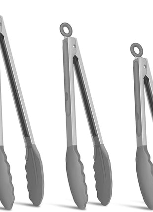 Kitchen Tongs, Set of 3 Stainless Steel Tongs with Silicone Tips Locking Cooking Tongs 600ºF Heat Resistant Tong for Cooking BBQ Grilling Air Fryer Serving Food Salads, 7"+9"+12" Light Grey