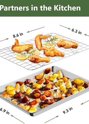 ROTTAY Small Baking Sheet Pan with Wire Rack Set [2 Pans + 2 Racks], 1/8 Stainless Steel Cookie Sheets for Oven, Warp Resistant & Heavy Duty & Rust Free, Size 9 x 7 x 1 Inches