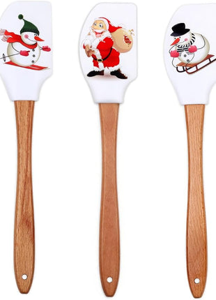 Silicone Spatula, Caliamary 3 Pieces Kitchen Silicone Spatula Set, Christmas Cake Decorating Spatula with Wooden Handle, Snowman Gingerbread Man and Santa Claus Pattern… (Santa Claus)