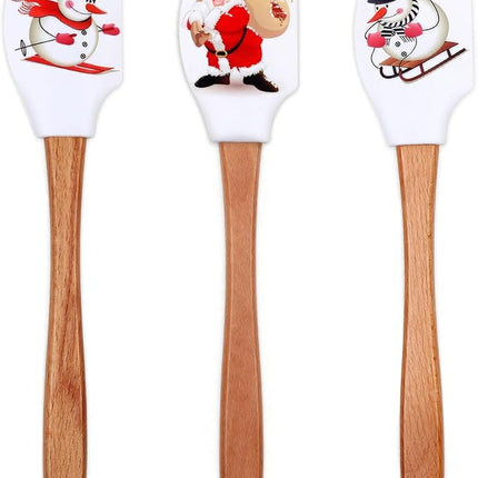 Silicone Spatula, Caliamary 3 Pieces Kitchen Silicone Spatula Set, Christmas Cake Decorating Spatula with Wooden Handle, Snowman Gingerbread Man and Santa Claus Pattern… (Santa Claus)