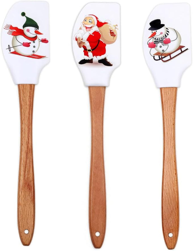 Silicone Spatula, Caliamary 3 Pieces Kitchen Silicone Spatula Set, Christmas Cake Decorating Spatula with Wooden Handle, Snowman Gingerbread Man and Santa Claus Pattern… (Santa Claus)