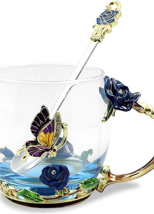 Enamels Butterfly Flower Tea Cup,Glass Coffee Mug,Valentines Mothers Day Graduation Birthday Present Christmas Gifts for Women Mom Her Teacher