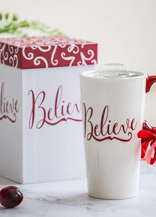 Topadorn 17oz Christmas Ceramic Travel Coffee Mug with Lid Tea Cup with Color Box, Microwave & Dishwasher Safe, Xmas Coffee Mug for Latte & Hot Chocolate, Holiday Gift Her Him, Believe