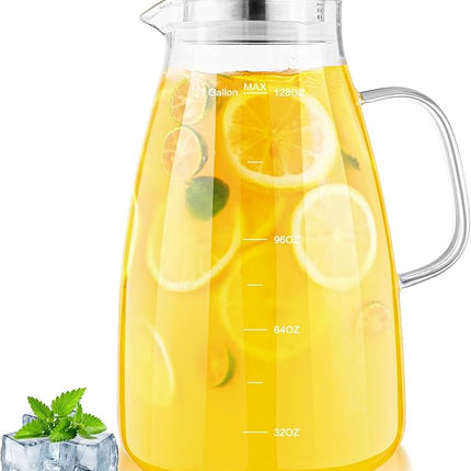 1 Gallon 128oz Glass Pitcher, Water Pitcher with Lid and Spout, Glass Carafe for Hot/Cold Drink, Water Jug for Iced Tea, Coffee, Juice, Milk, Beverage (Extra-Wide Mouth)