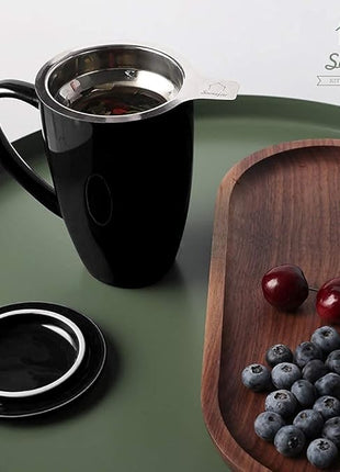 Sweejar Porcelain Tea Infuser Mug with Lid, 16 oz Teacup with Strainers for Loose Leaf Tea, Microwave and Dishwasher Safe Coffee Mug(Black)