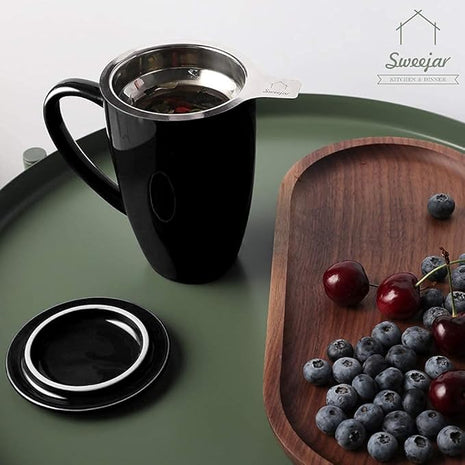 Sweejar Porcelain Tea Infuser Mug with Lid, 16 oz Teacup with Strainers for Loose Leaf Tea, Microwave and Dishwasher Safe Coffee Mug(Black)