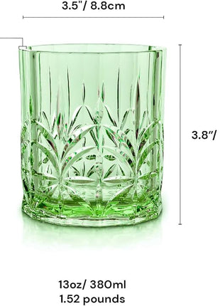 BELLAFORTE Shatterproof Tritan Plastic Short Tumbler, Set of 4, 13oz - Myrtle Beach Unbreakable Crystal Cut Old Fashioned Drinking Glasses for Whiskey - BPA Free - Dishwasher Safe - Green
