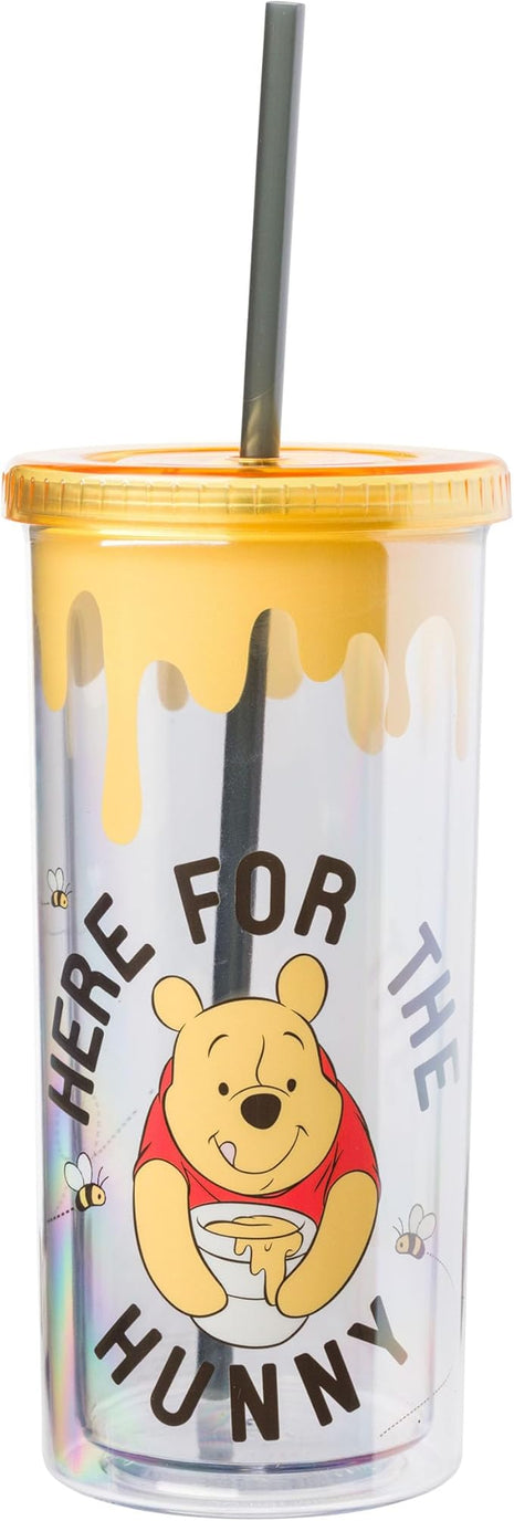 Silver Buffalo Winnie the Pooh Here for Hunny Plastic Tall Cold Cup with Lid and Straw, 20 Ounces