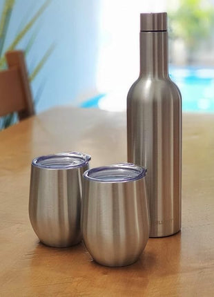 CHILLOUT LIFE 12 oz Stainless Steel Wine Tumblers 2 Pack & 1 Insulated Wine Bottle - Double Wall Vacuum Insulated Wine Glasses Cups with Lids and Straws Set Keeping Cold & Hot Gift Set