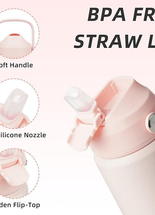 BJPKPK Insulated Water Bottle with Straw Lid, 12oz Thermo Water Bottles, Flex Handle & Non-slip Boot, BPA Free Leak Proof Stainless Steel Metal Thermo, Tumblers, Cups,Pearl Pink
