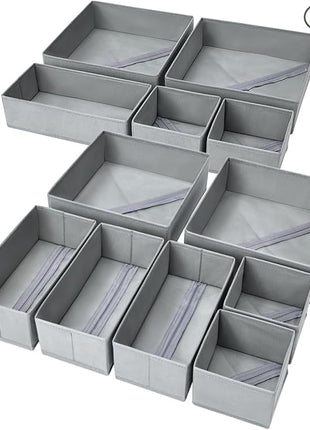 DIMJ Drawer Organizer Clothes, 12 Pack Dresser Organizer, Foldable Closet Organization and Storage Dividers, Fabric Dresser Drawer Organizers for Underwears, Nursery, Baby Clothes, Socks, Tie (Grey)