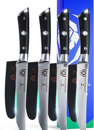 Dalstrong Steak Knives-4pc- Serrated Blade-Gladiator Series Elite-Forged German High-Carbon Steel-Table Dinner Kitchen Knives-Sheaths-Razor Sharp - Dinner Set-NSF Certified