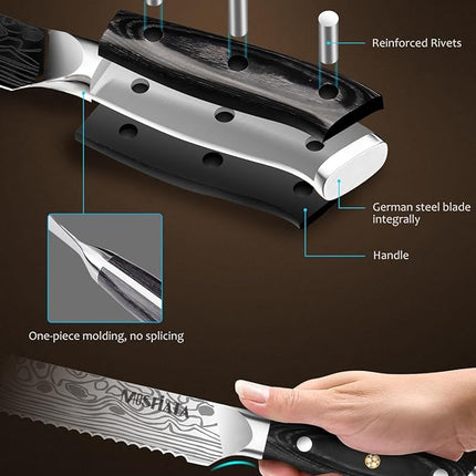 MOSFiATA Bread Knife 8” Ultra Sharp Serrated Knife, German High Carbon Stainless Steel EN1.4116 Bread Slicer with Bread Lame, Micarta Handle, For Bread, Cake, Bagels