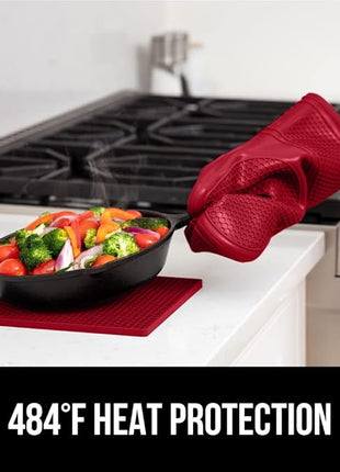 GORILLA GRIP BPA-Free Soft Silicone Oven Mitts and Pot Holders Sets of 4, Heat Resistant Waterproof Cooking Gloves, Thick Cotton Lining, Flexible Gripping for Baking Grilling, Kitchen Trivets, Red