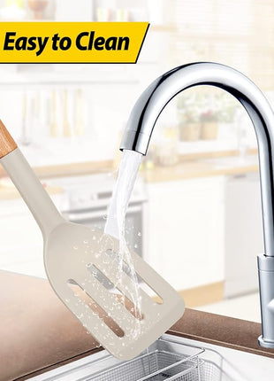 Pack of 2 Silicone Cooking Spatula, Heat Resistant Solid Turner, Non Stick Slotted Spatulas with Wooden Short Handle,Ideal Wood Kitchen Utensils Set for Frying, Baking, Flipping, Turning