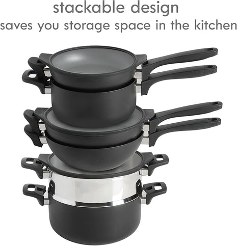 Kenmore Elite Grayson Stackable Platinum Nonstick Forged Aluminum Induction Cookware Set, 9-Piece, Black