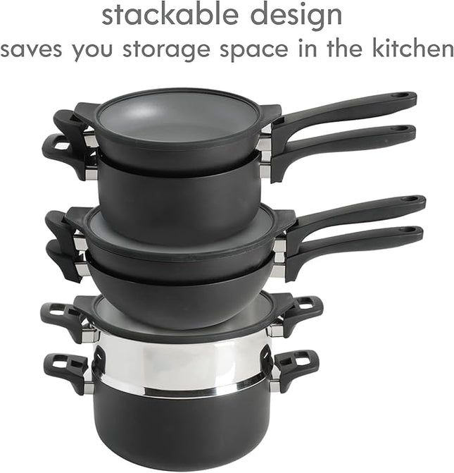 Kenmore Elite Grayson Stackable Platinum Nonstick Forged Aluminum Induction Cookware Set, 9-Piece, Black