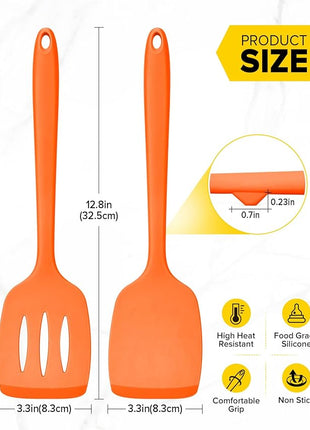 Pack of 2 Silicone Spatula Turners, Non Stick Slotted Kitchen Spatula Set, Heat Resistant BPA Free Kitchen Utensils, One-Piece Design, Suitable for Flipping Fish, Eggs, Steak, Pancakes (ORANGE)