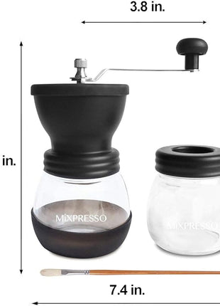 Mixpresso Manual Coffee Grinder, Spice Grinder Manual, Glass Jars, Ceramic Burr, Adjustable Grind, Easy to Clean, Portable Compact Design, 3 Piece Set, Stainless Steel