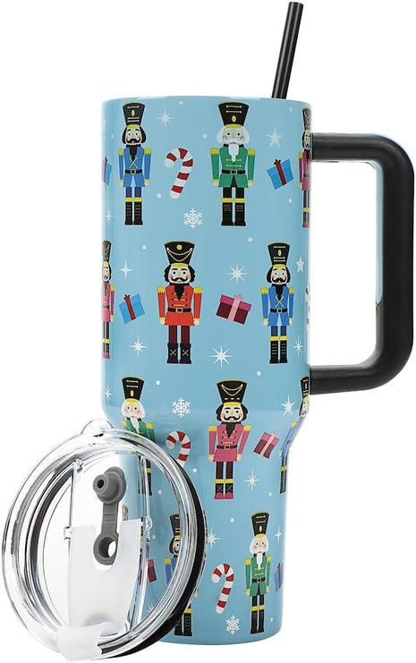 Bioworld Nutcrackers Vacuum Insulated 40 Oz. Stainless Steel Tumbler with Reusable Straw & Leak-Proof Lid, Easy Carry Handle for Travel or Home