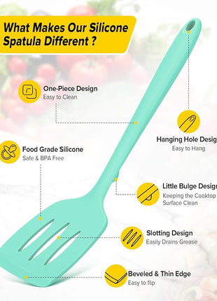 Pack of 2 Silicone Spatula Turners, Non Stick Slotted Kitchen Spatula Set, Heat Resistant BPA Free Kitchen Utensils, One-Piece Design, Suitable for Flipping Fish, Eggs, Steak, Pancakes (GREEN)