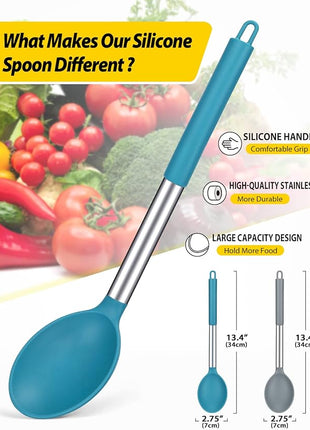Pack of 2 Large Silicone Cooking Spoon Non Stick Solid Basting Spoons Heat-Resistant Kitchen Utensils for Mixing Serving (Gray-Blue)