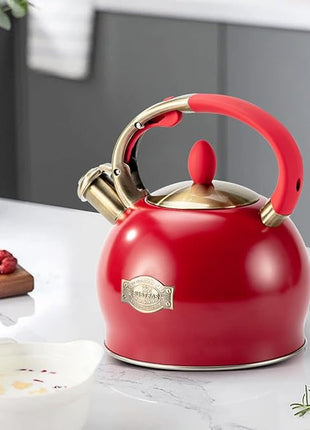 SUSTEAS Stove Top Whistling Tea Kettle - Food Grade Stainless Steel Teakettle Teapot with Cool Touch Ergonomic Handle, With 1 Silicone Pinch Mitt Included, 2.64 Quart(RED)