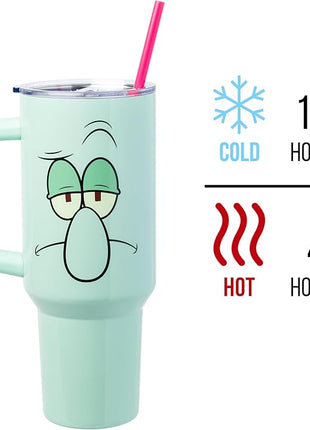 Silver Buffalo SpongeBob SquarePants Stainless Steel Tumbler with Handle Featuring Squidward, Fits in Standard Cup Holder, 40 Ounces