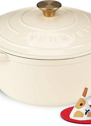 Overmont Enameled Cast Iron Dutch Oven - 7QT Pot with Lid Cookbook & Cotton Potholders - Heavy-Duty Cookware for Braising, Stews, Roasting, Bread Baking Cream White