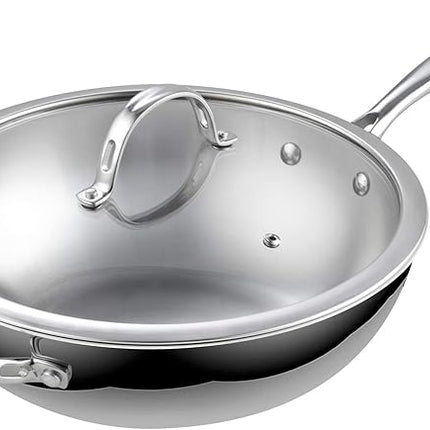 Cooks Standard Wok Pan Stainless Steel, 12-Inch Multi-Ply Clad Stir Fry Pan with Glass Lid, Induction Cookware, Silver